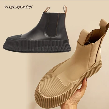 

New Short Ankle Genuine Leather Stretch Chelsea Boots Flat Platform Slip on Thick Sole Botas Mujer Women Round Toe Black Shoes