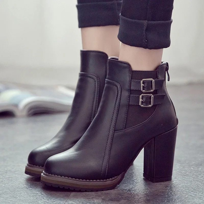 

New Women Boots Buckle Women Shoes For Martin Boots Female Winter Boots High Heels Booties Ankle Boots For Women Plus Size 43