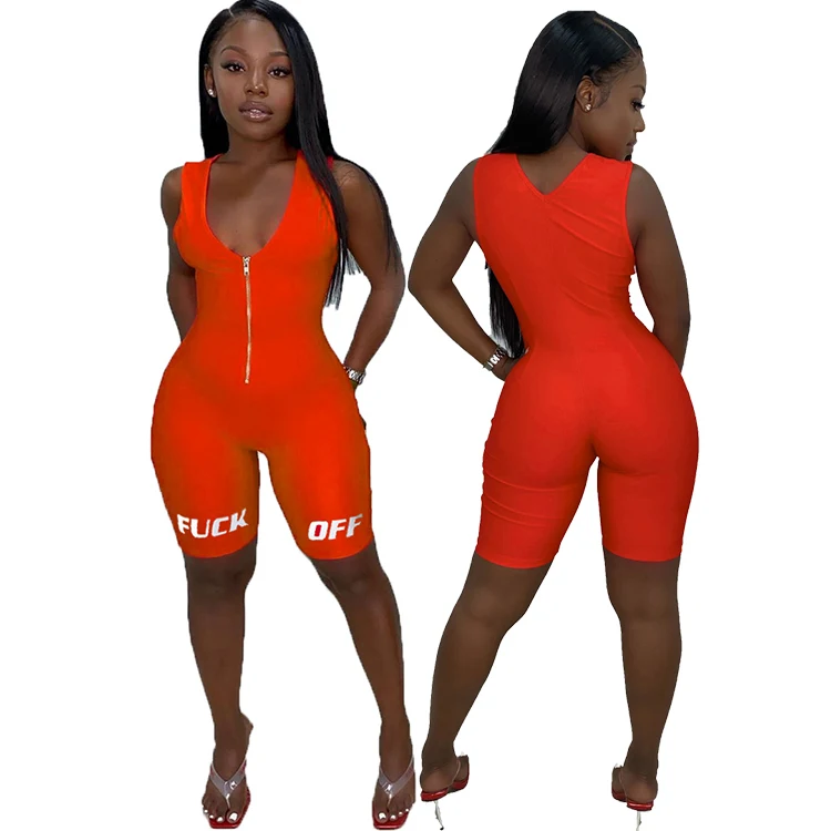 0420M104 Sexy Summer Sports Custom Bodycon Jogger Jumpsuits Zip Letter Solid Sleeveless Casual Short One Piece Romper For Woman