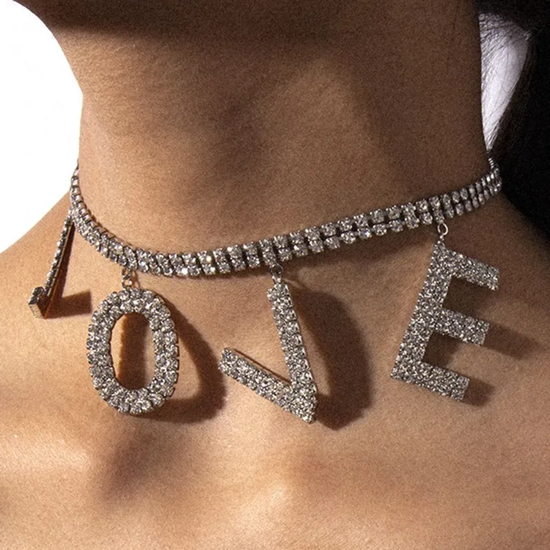 Luxury Crystal Love Letter Choker Necklace for Women Collar Femme Statement Punk Rhinestone Chain Necklace Couple Gothic Jewelry