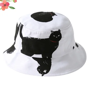 

1pc Outdoor Cute Fishing Cap Bucket Hat Cat Pattern Sunscreen Hats Versatile Wide Edge Sun Protection Cap (White)
