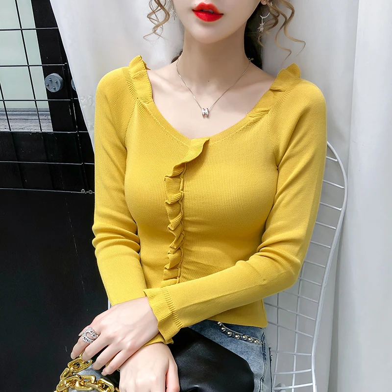 Cute Ruffle Women Full Sleeve V-Neck Slim crop sweater 2020 New Knitted elasticity Pullovers Autumn Winter Jumpers top Ladies | Женская