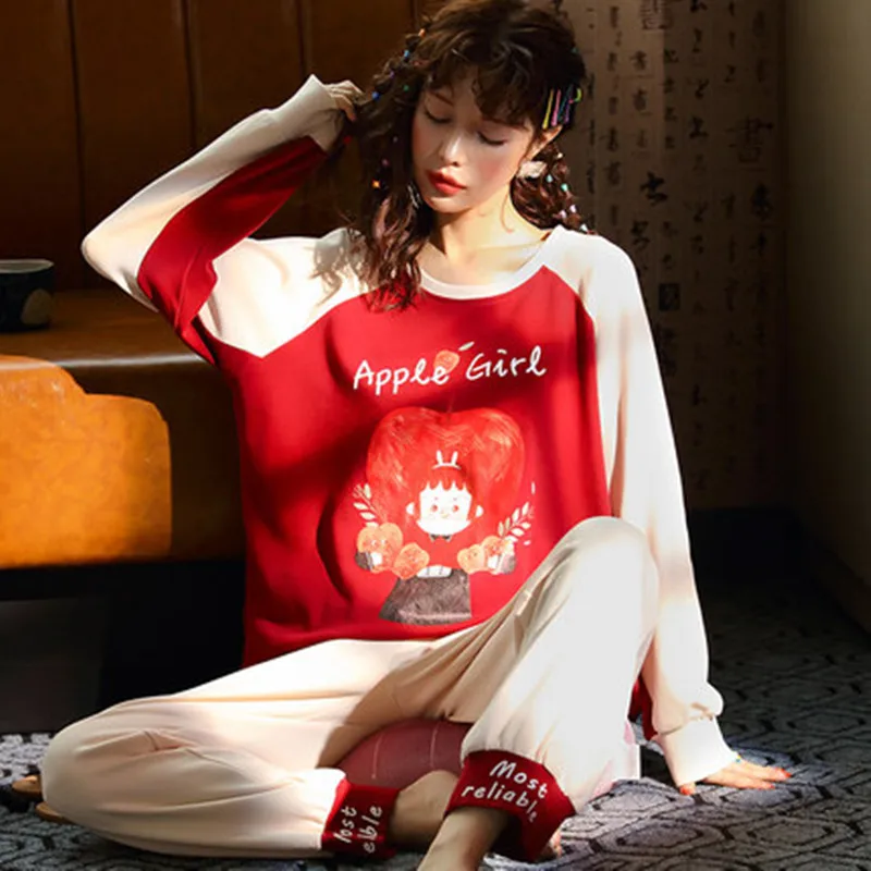 

Pajamas women's spring and autumn winter pure cotton long sleeved two sets of cartoon lovely ladies thin family suit
