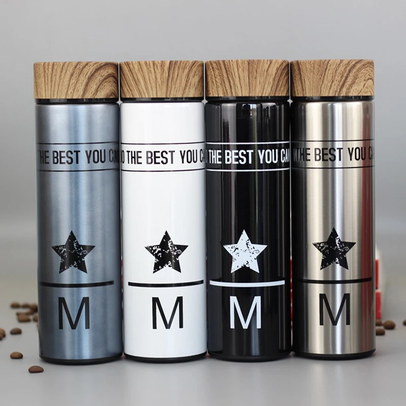 

500ML Double Stainless Steel Vacuum Flasks Coffee Tea Milk Thermos Mug With Imitation Wood Lid Travel Bottles Tumbler Thermo cup