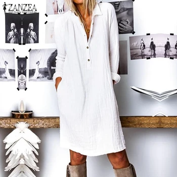ZANZEA-Vestido camisero largo de lino y algodón para mujer, Vestido informal holgado de manga larga con botones y cuello de solapa para otoño