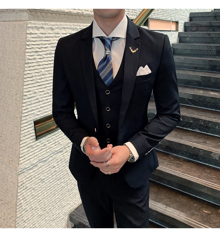 Сплошной цвет slim fit мужской костюм из 3 предметов свадебное платье мужской повседневный деловой пиджак Свадебный Выпускной костюм жениха одежда смокинг
