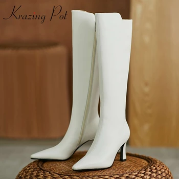 

Krazing Pot split leather pointed toe high heel Chelsea boots office lady elegant simple style solid modern knee-high boots L97