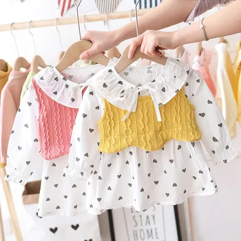 

2PCS WLG Girls Clothing Set Kids Spring Yellow Pink Green Vest and Heart Printed Whtie Shirt Set Baby Girl Cute Clothes for 1-3T