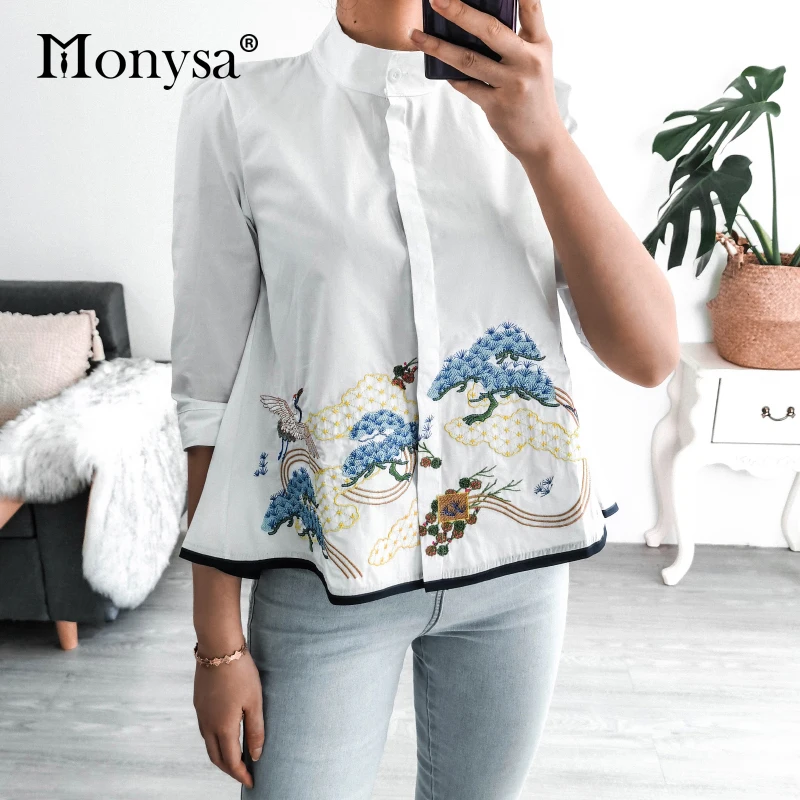 Embroidery Shirt Women Summer Autumn 2020 New Arrival Fashion 3/4 Sleeve Casual Blouses Ladies White Doll Shirt