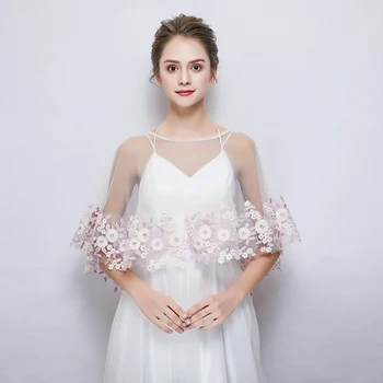 

White Princess Pink Applique Flower Wrap Bridal Wedding Sheer Hi-Lo Cape Summer Beach Party Cover Up Shawl Tulle Handmade