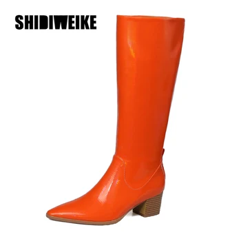 

British style cowhide material zippered decorative boots pointed toe Square heel thick high heel rubber winter boots women V466