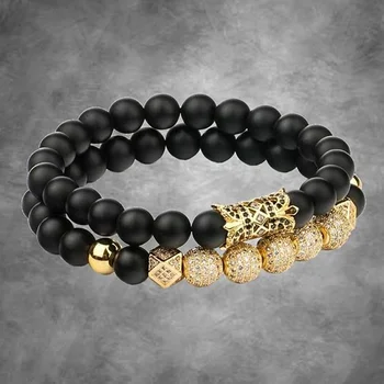 Classic Design Men Jewelry Bracelet Black Onyx CZ Micro Pave Ball Charms Beads Elastic Bracelet Men