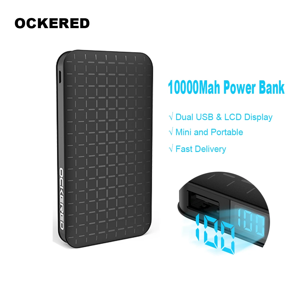 

OCKERED Power Bank 10000mAh Rechargeable Battery Digital LCD Display External Battery Dual USB Powerbank for Xiaomi Mi8