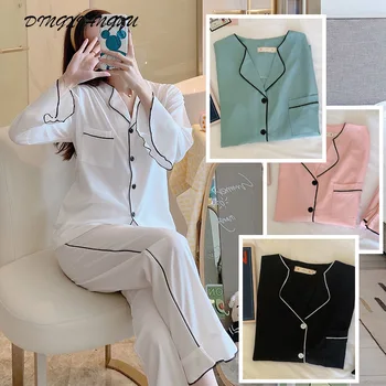

Spring and Autumn New Products Long Sleeve Pajamas Women Cardigan Pure Color V-neck Suit Thin Casual Homewear Ladies Pajamas Set