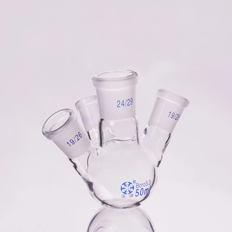 

Four-necked flask oblique shape,with four necks standard grinding mouth,Capacity 50ml,Four ground mouth 24/29+19/26+19/26+19/26