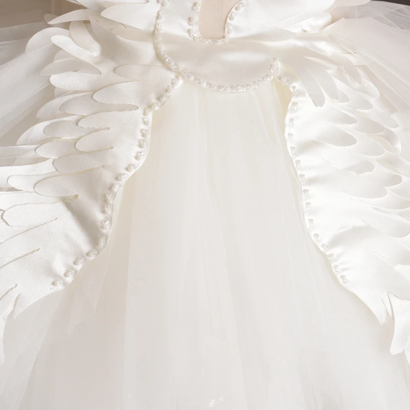 Elegant Swan Crystal Tulle Trailing Flower Girl Dress Evening Gown Kids Pageant Dress Birthday Party Feather Lace Princess Dress little girl skirt dress