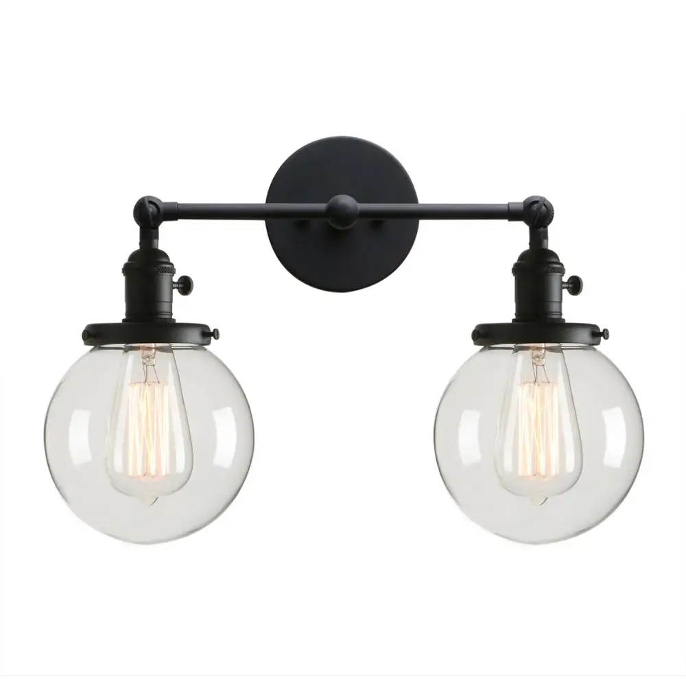 

Permo Double Sconce Vintage Industrial Antique 2-Lights Wall Sconces with Dual Mini 5.9" Round Clear Glass Globe Shade (Black)