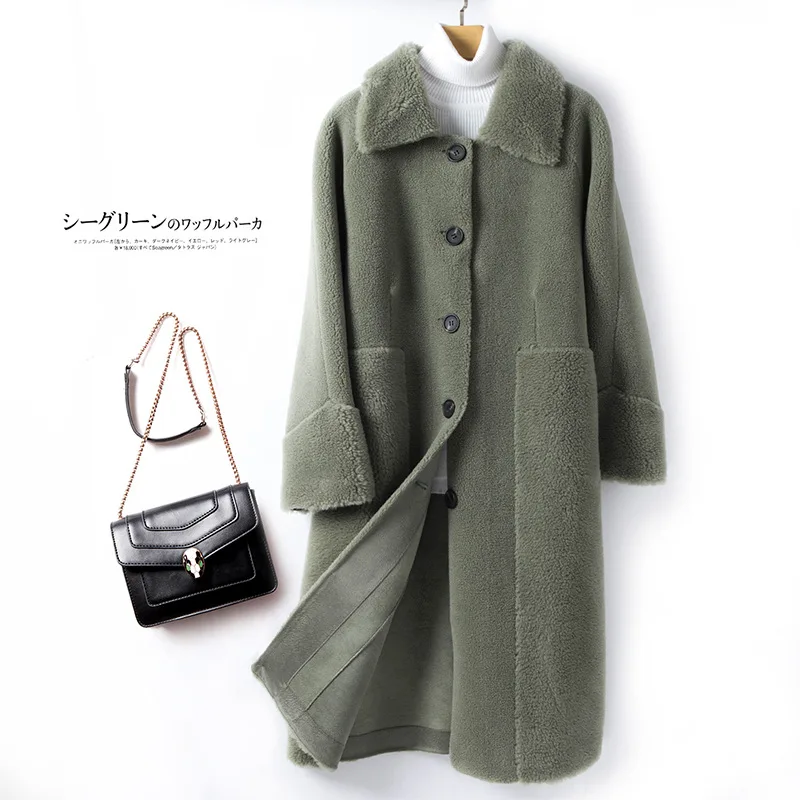Осеннее и зимнее новое шерстяное пальто женское модное меховое свободное женское длинное пальто с одним отворотом - Цвет: Dan fog green