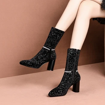 

INS hot womenmid-calf bootsSpot stretch flannel 22-24.5cm length Spring and autumn woman Round heel pearl womens shoes