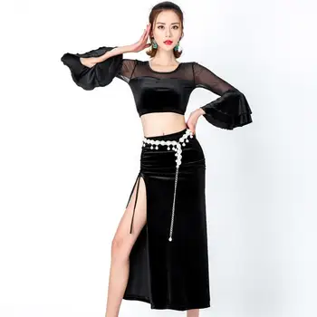 

Belly Dance Clothing Set Spandex 2020 Adult Lotus Leaf Sleeve Yoga Horn Split Skirt Skirt Dancing Beginner Exercise