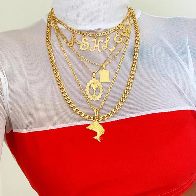 

Vintage Necklaces Gold Geometric Letter Face Ancient Egyptian Pharaoh Pendant Multilayer Necklace Lady Charm Jewelry Accessories