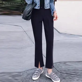 

ZANZEA Fashion Women's Pants 2020 Autumn Ladies High Waist Long Trousers Casual Straight Streetwear Pockets Split Hem Bottoms