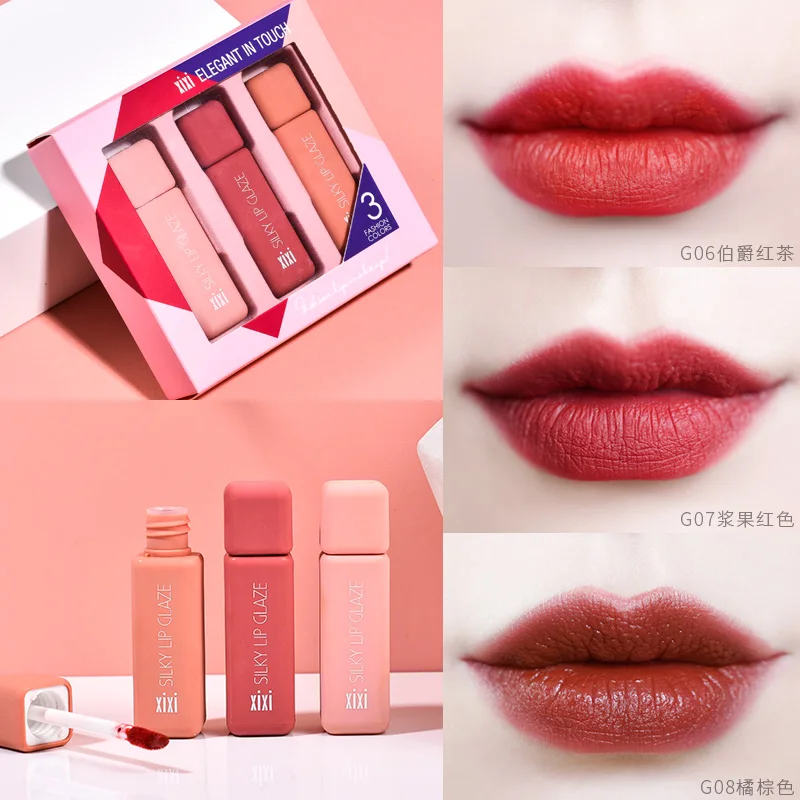 

XiXi Lip Gloss 3pcs/set Nude Liquid Lipstick Matte Waterproof Long Lasting Lip Makeup Silky Lip Glaze Moisturizing Cosmetics