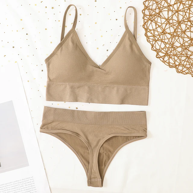 Women Bra And Panties Set Sports Bra Set Sexy G-String Seamless Bra Thong Sexy Lingerie Set Fitness Crop Top Underwear Intimates thong-khaki