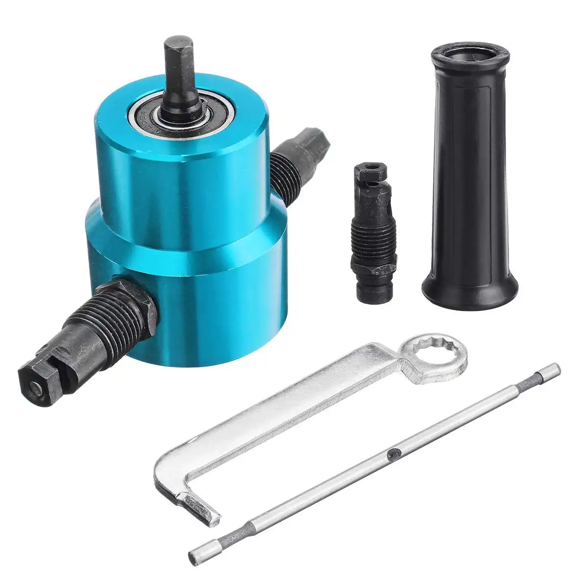

Double Headed Sheet Metal Cutting Nibbler Metal Saw Cutter 360 Degree Adjustable Drill Attachment with Extra Punch Cutting Tools