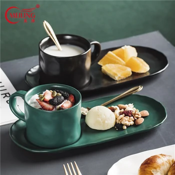 

Nordic Matte Ceramic Cup and Dish Deep Green Black White Coffee Set Breakfast Tea Cup Tableware Gift For Girlfriend Mom Friends