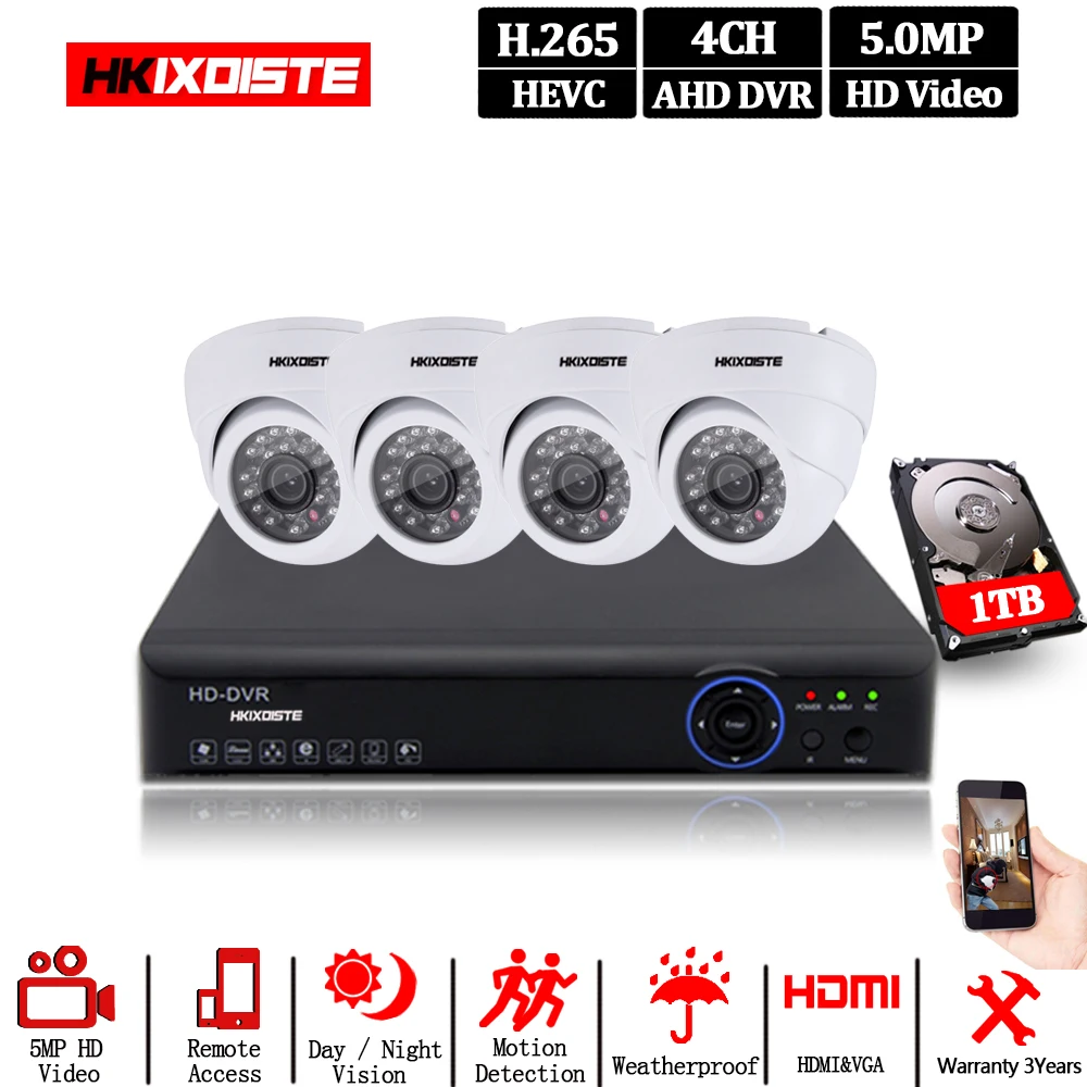 4CH CCTV камера HDMI система 4 шт. мегапиксельная 5 Мп водонепроницаемая купольная камера в/наружная камера безопасности CCTV AHD камера в Набор для наблюдения
