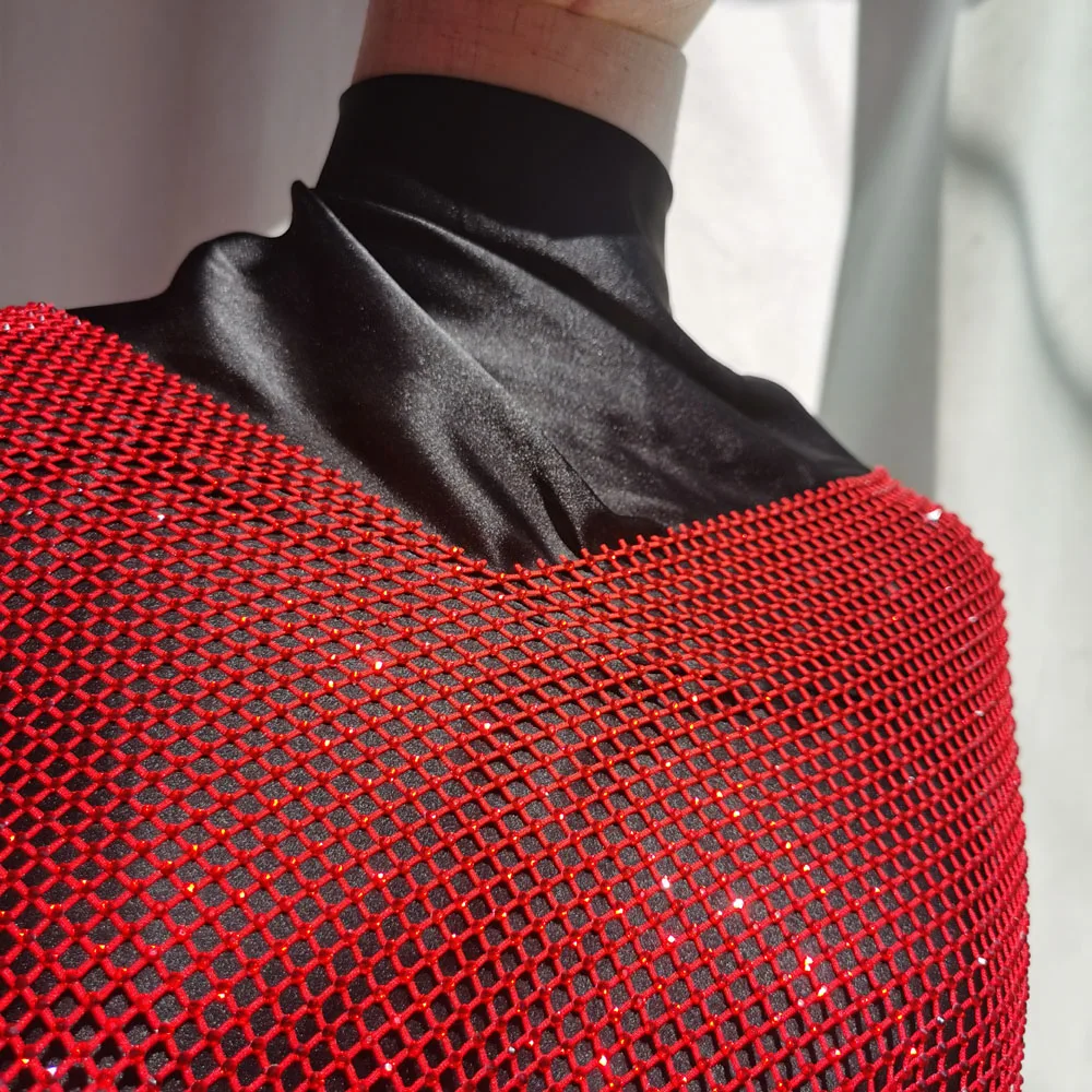 High Quality Mesh Fabric Hot RED Net Rhinestone Crystal Spandex Honeycomb Trim Elastic Diamond Strass Masquerade Transparent | Аксессуары