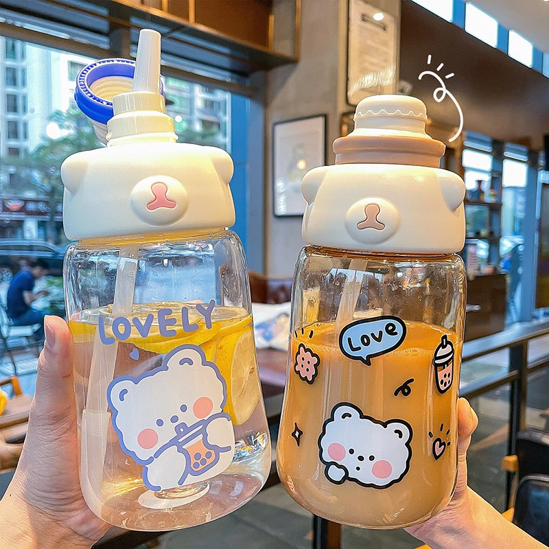 Bottles Kawaii Bear Plastic Water Bottle with Straw Shoulder Strap Cute  Kids