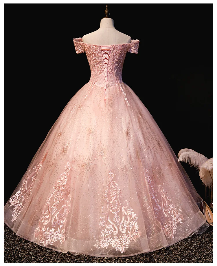 Quinceanera Dresses for Women Off Shoulder Light Pink Prom Gown with Embroidery Tulle Ball Gown Beaded Elegant Appliques