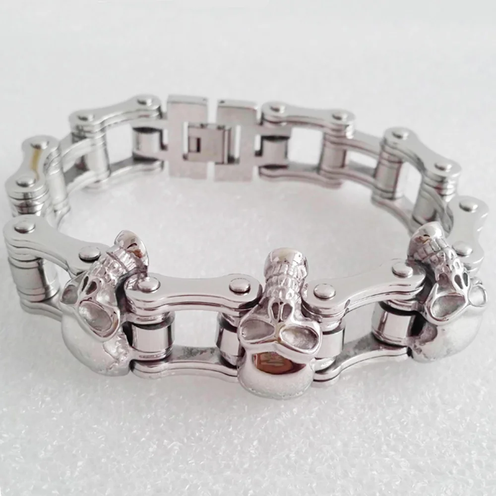 Гранда шик огромный тяжелый 20 мм Полированное Серебро 316L нержавеющая сталь череп головы мужские Мальчики байкер браслет панк-рок 8,66"