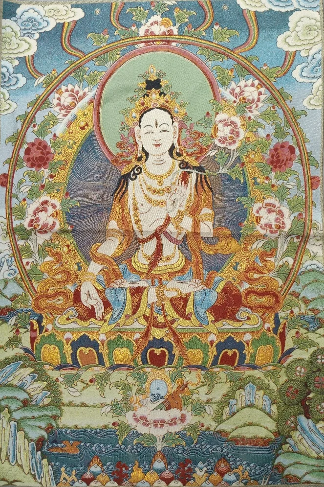 

36"Tibet Tibetan Embroidered Cloth Silk Buddhism White Tara Spirit of Compassion Goddess Tangka Thangka Mural Buddha Home Decor