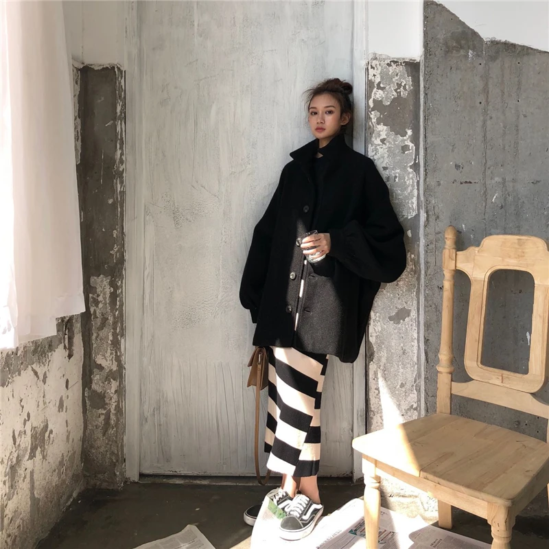 Высококачественная модная Осенняя Женская куртка с рукавом-фонариком и воротником с отворотами на одной пуговице, однотонное пальто, верхняя одежда, пальто-кардиган, Свободное пальто