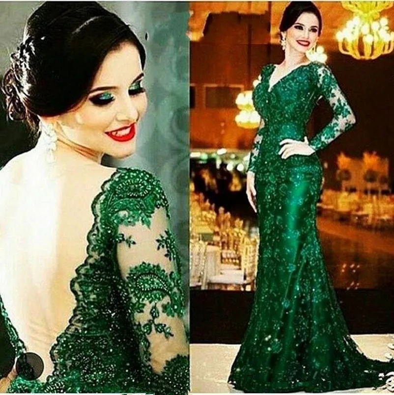 

2020 Arabic Emerald Green Mermaid Evening Dresses Cheap V-Neck Sheer Backless Long Sleeves Mother Formal Wear Party Gown Custom