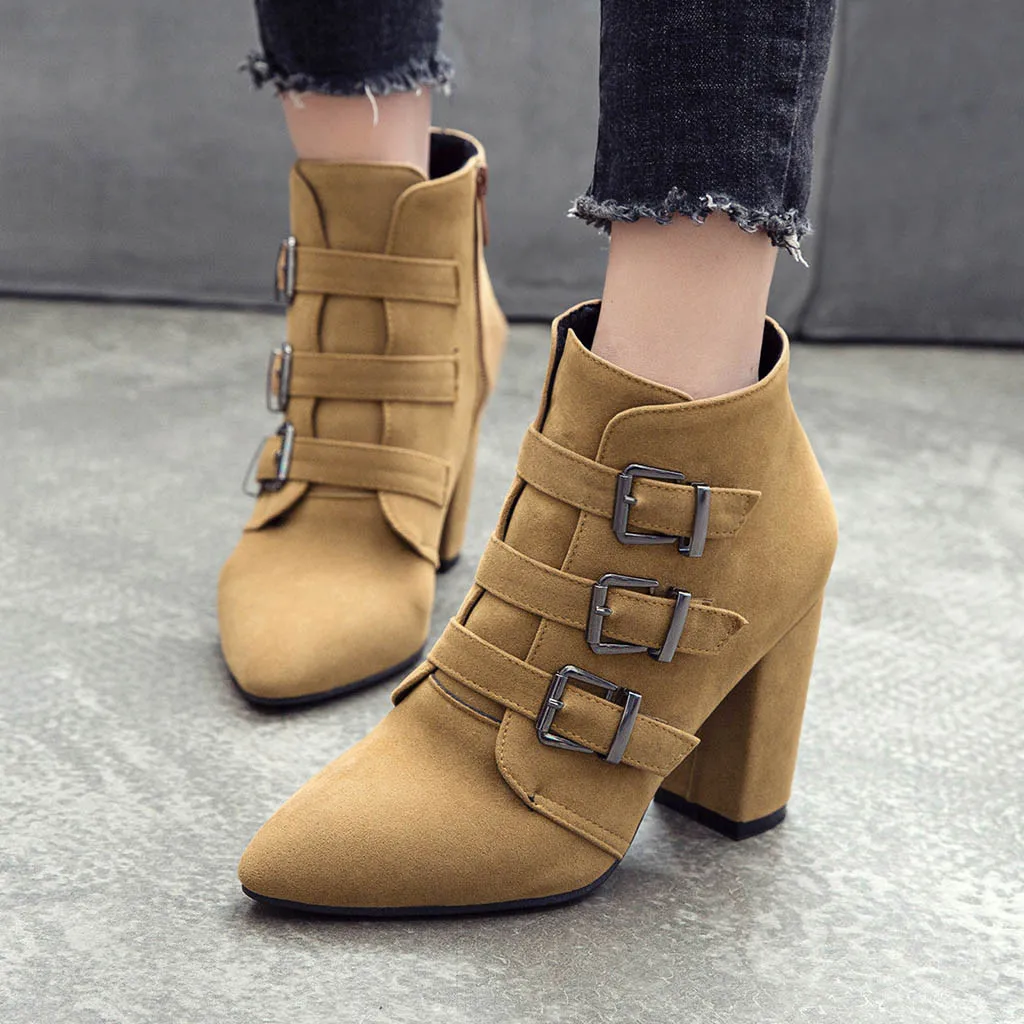 

2019 Winter Boots for Women Platforms High Heel Punk Shoes Fashion Buckle Ankle Boots Big Size 35-39 Pointed Toe Shoes Women