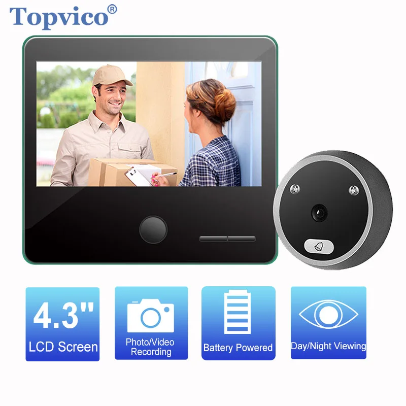 Promoción Topvico-timbre de vídeo con mirilla, Monitor de 4,3 pulgadas, Visor de puerta, cámara, anillo Digital, Ojo de vídeo, seguridad, vista nocturna, grabación de fotos y vídeos qxQKMDEMl7B