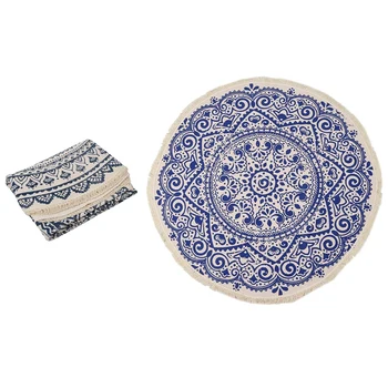 

Best 2 Pcs Morocco Round Carpet Bedroom Boho Style Tassel Cotton Rug Hand Woven Classic Tapestry -Blue & Black & Blue