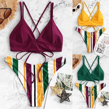 

2020 Fashion Women's Biquini Stripe Printing Split Underwear Set Bandage Bathing suit Padded Female Intimates Sexy Traje de baño