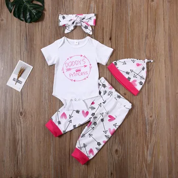 

Emmababy Newborn Baby Girl Clothes Letter Print Short Sleeve Romper Tops Long Pants Headband Hat 4Pcs Outfits Clothes Cotton Set