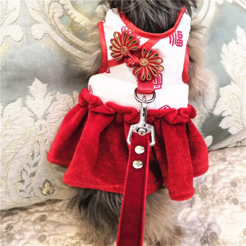 

New Year New Style Dogs And Cats Fu Character Couples Chinese Costume Pet Anti-Break Free Chest And Back Dog Clothing Pet Suppli