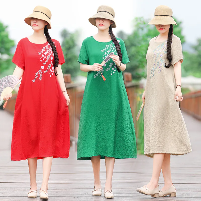 

2019 Summer New Style Cotton Linen Embroidered Mid-length Literature And Art Pastoral Style Short-sleeve Dress Women's