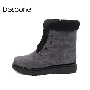 

BESCONE Ladies Mid-Calf Boots Basic Winter Solid Kid Suede Shoes Handmade Lace-Up Round Toe Square Heel Women New Boots BC438