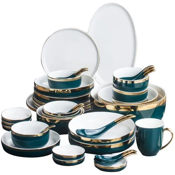 

Fashion Retro Green Dinner Plate Set Ceramic Kitchen Plate Tableware Set Food Dishes Rice Salad Bowl Soup Kitchen Cook Tool
