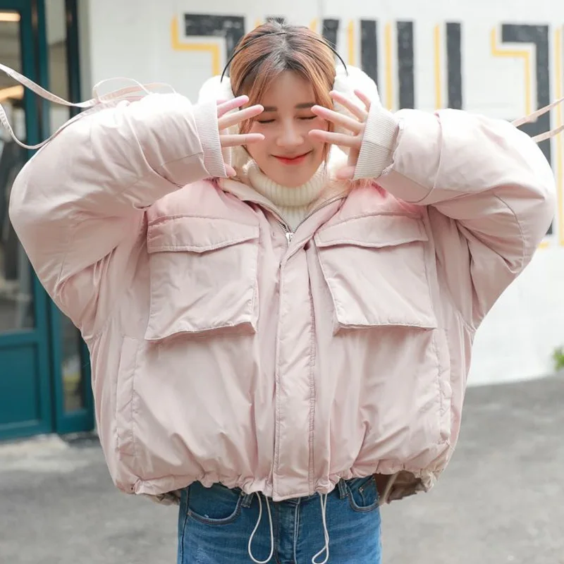 

2019ins GIRL'S Pink off Season Bandage Cloth Sleeve Faux Fur Collar Hooded Bread fu da Pocket Short Cotton Coat