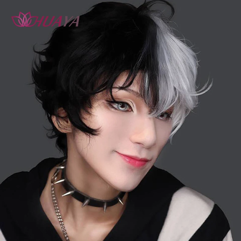 

HUAYA Men Short Wig Black White Splits Synthetic Wig with bangs For Boy Costume Anime Cosplay Wig slight Curly Natural Hair