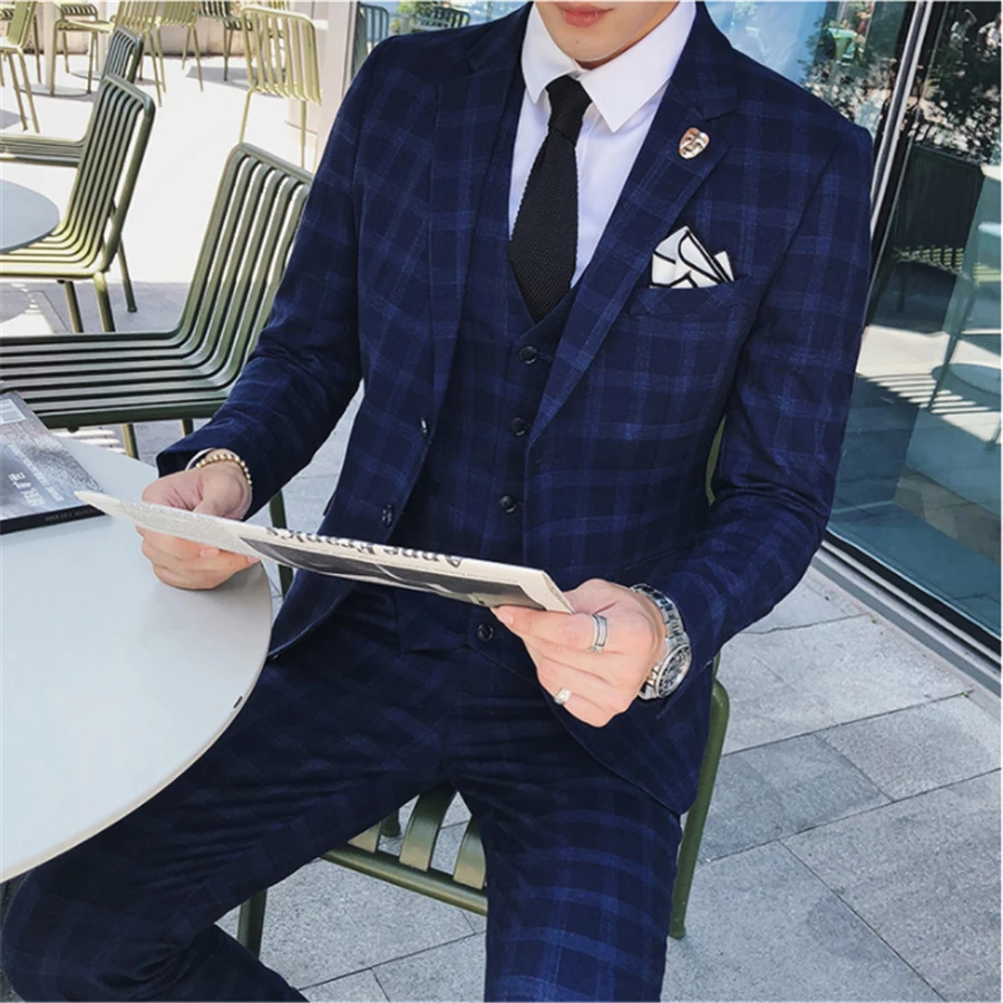 Мужские формальные костюмы смокинг, Slim Fit мужской деловой костюм Азиатский размер XXXL 4XL мужской костюм куртка+ жилет+ брюки классические клетчатые костюмы мужские